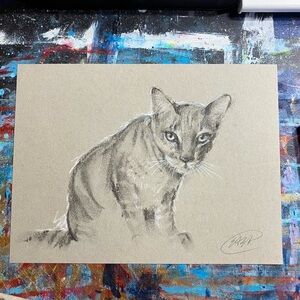 Original cat painting handmade art pastel charcoal feline home decor Artettina